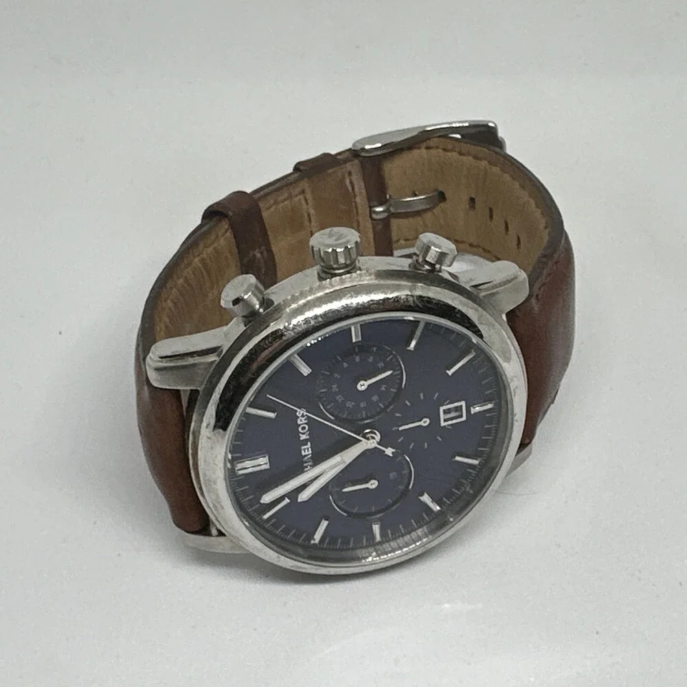 Michael Kors MK8429 Men Brown Leather Strap Analog Blue Dial Quartz Watch HME553